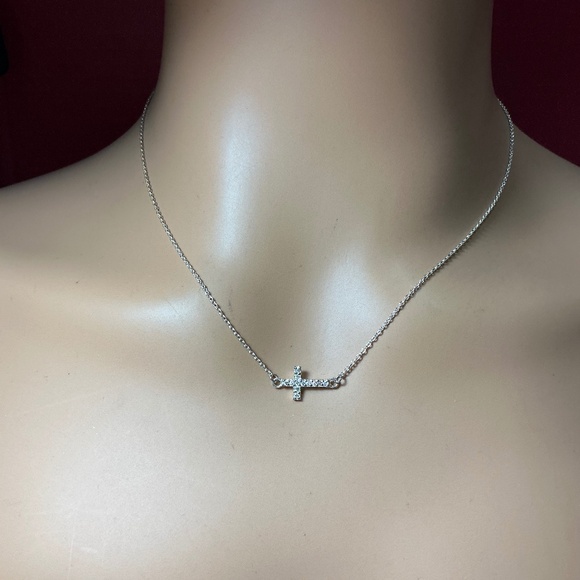 IBB Sterling Silver Horizontal Cross Necklace W/ clear stones . 17 inches long - Picture 1 of 5